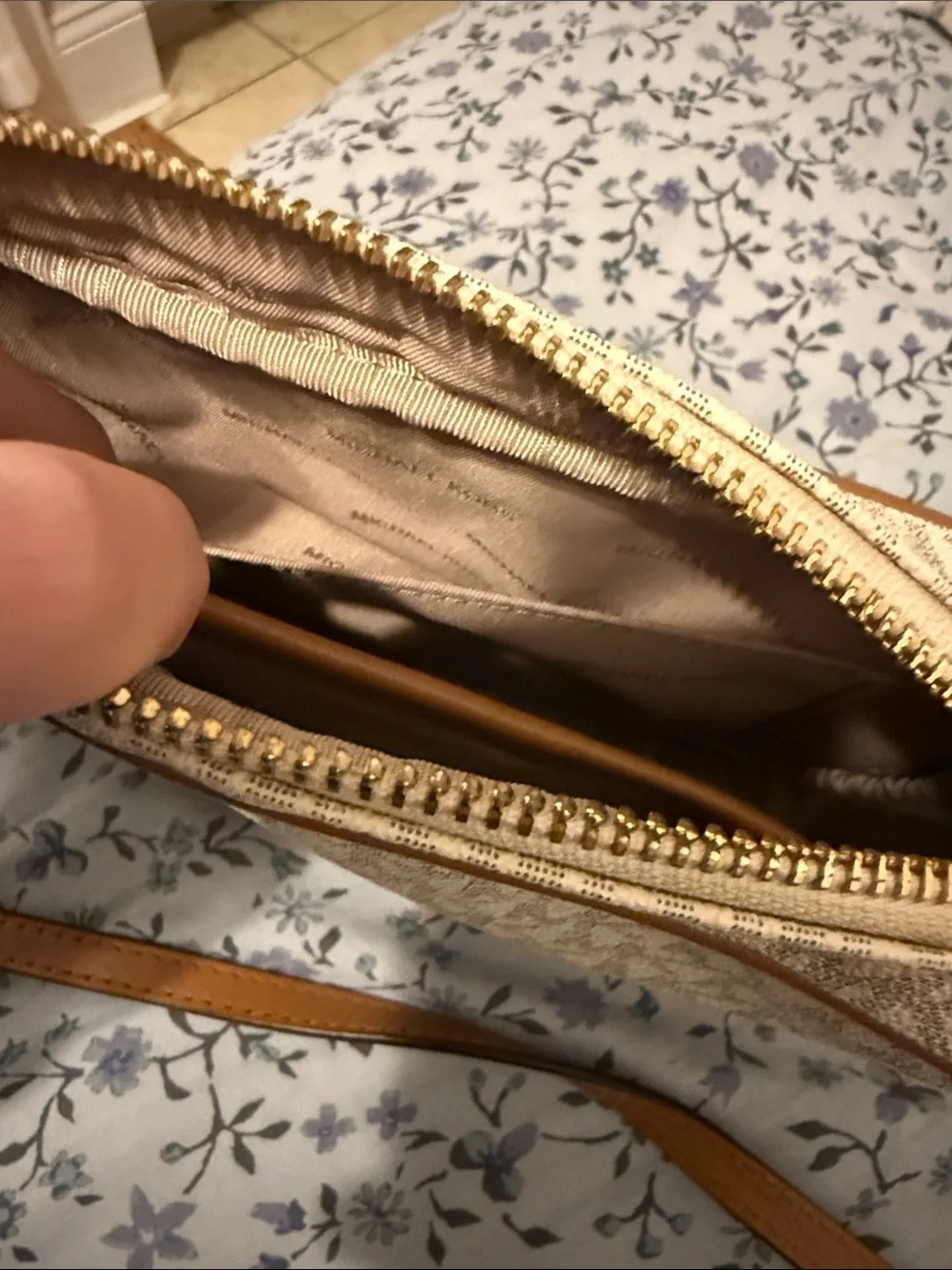 Michael Kors Jet Set Medium Cream Logo Crossbody with Tan Trim